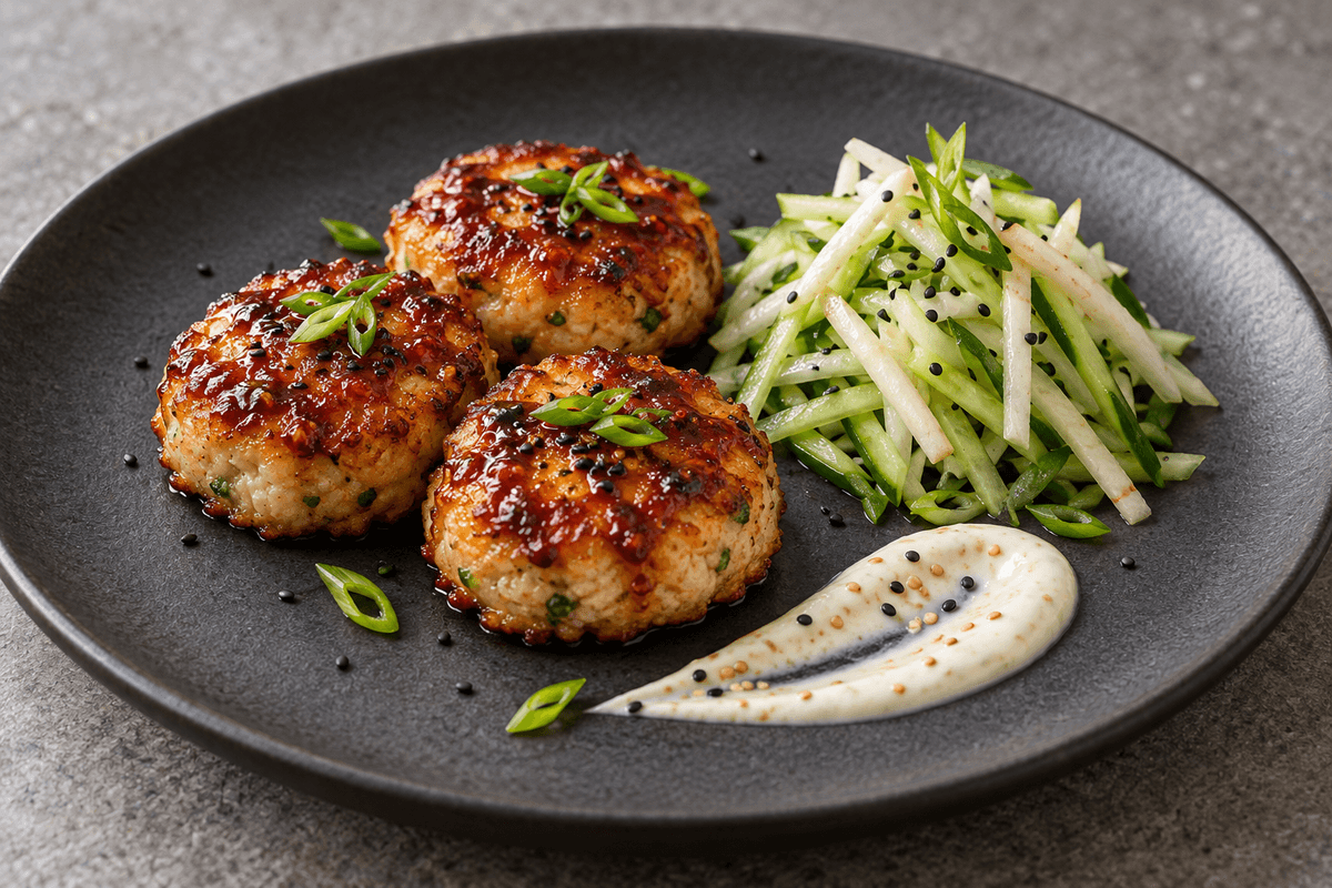 Tre gochujang-fiskekager med pære-agurkeslaw og ristet sesamcreme