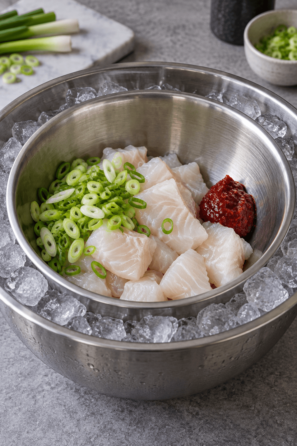 Iskolde rå torskestykker med forårsløg og gochujang i en skål over is