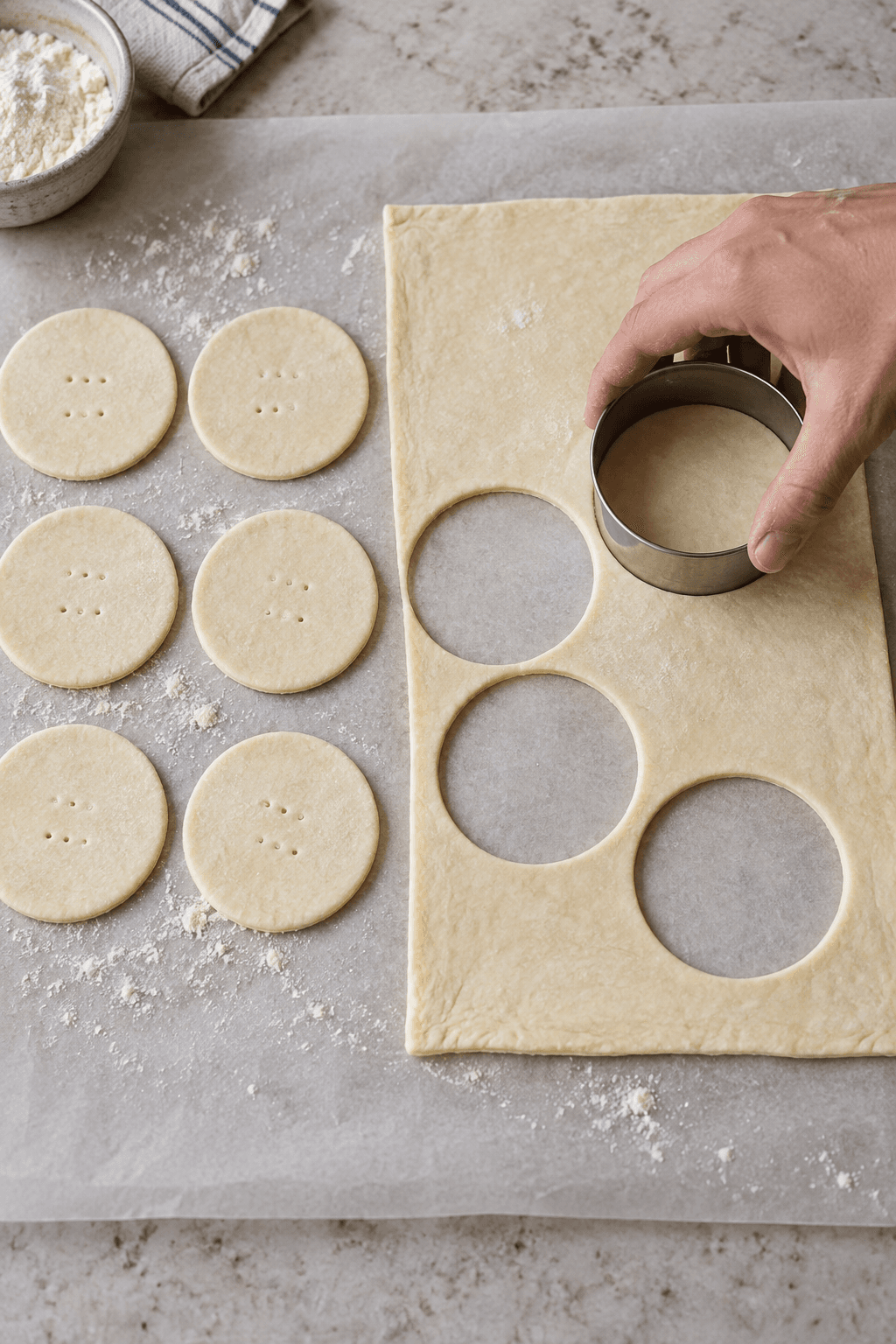 Seks runde skiver kold butterdej udstikkes og prikkes med gaffel