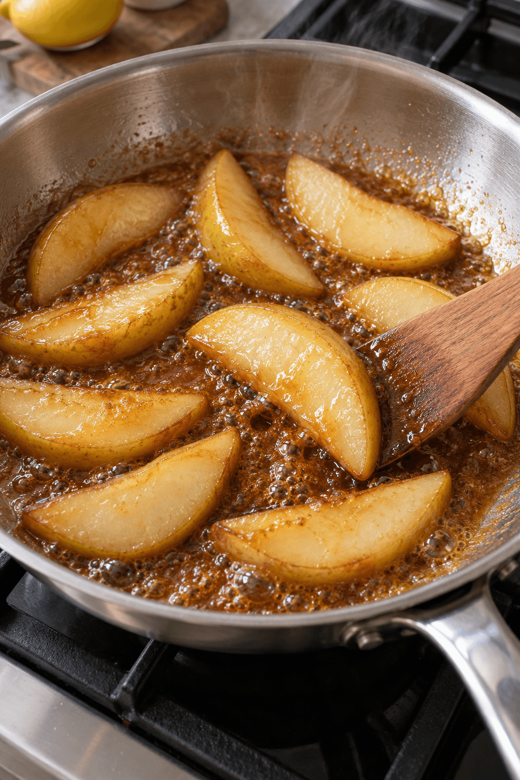 Faste pærebåde vendes i boblende ravfarvet citronkaramel