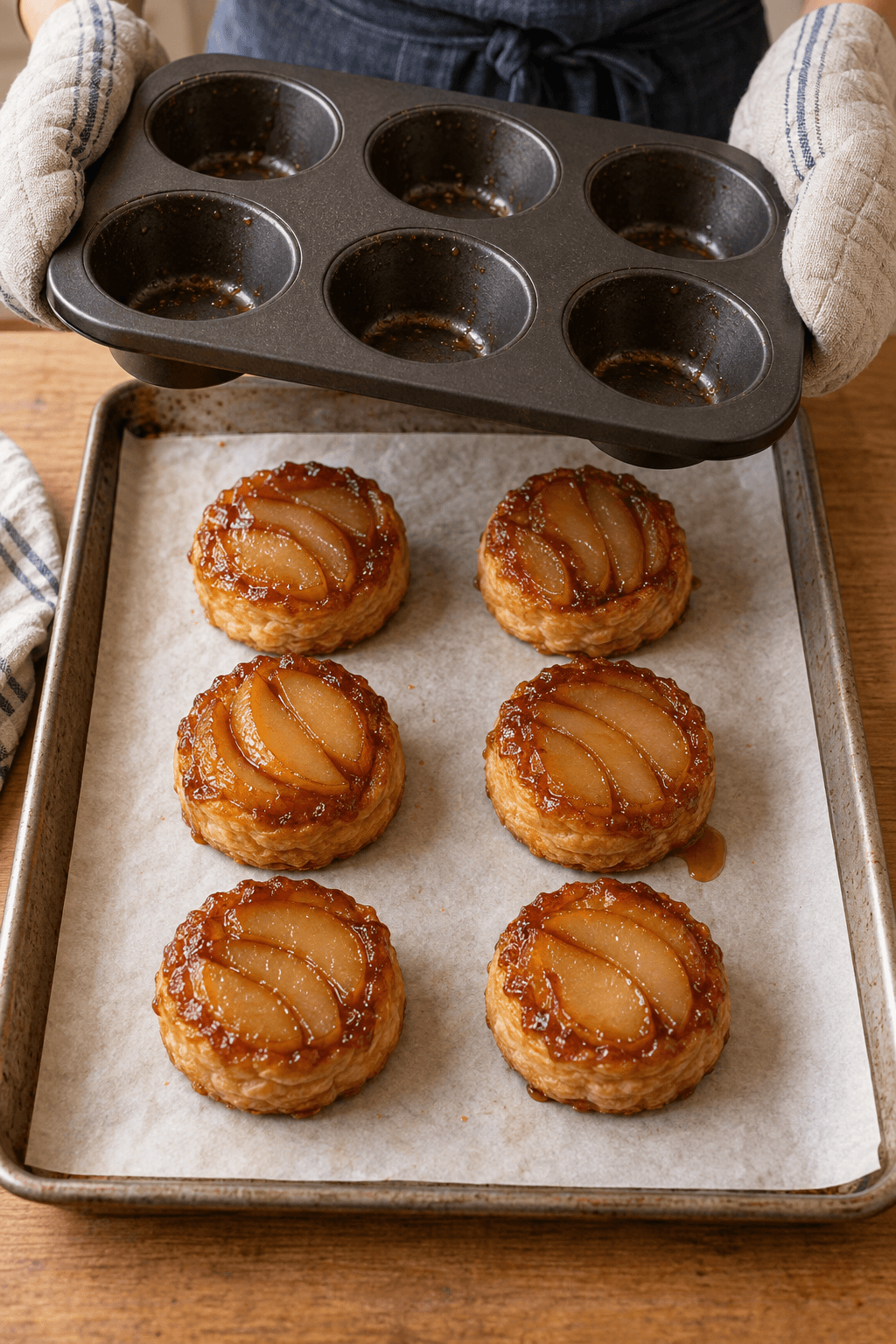 Seks små karamelliserede pæretærter vendes ud af en muffinforme