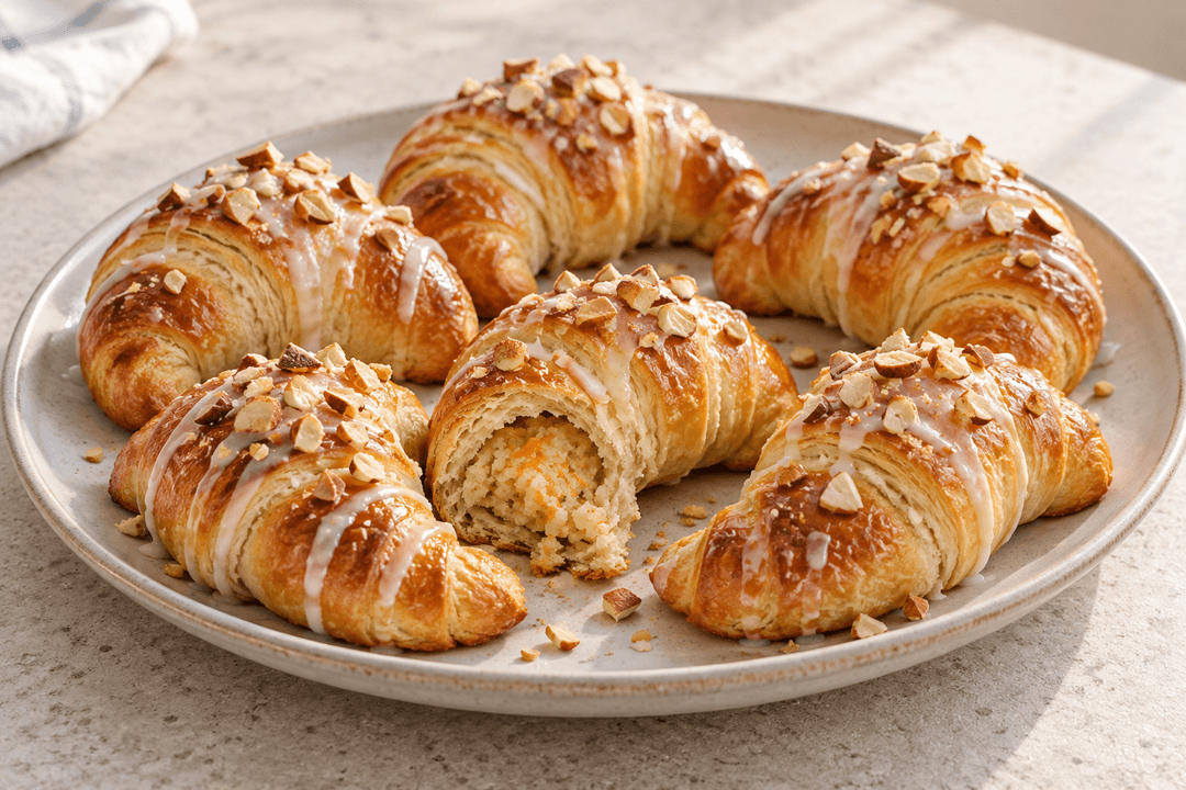 Seks gyldne smørhorn med marcipan, appelsinglasur og hakkede mandler