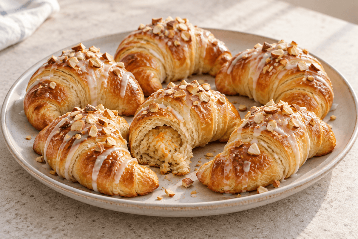 Seks gyldne smørhorn med marcipan, appelsinglasur og hakkede mandler