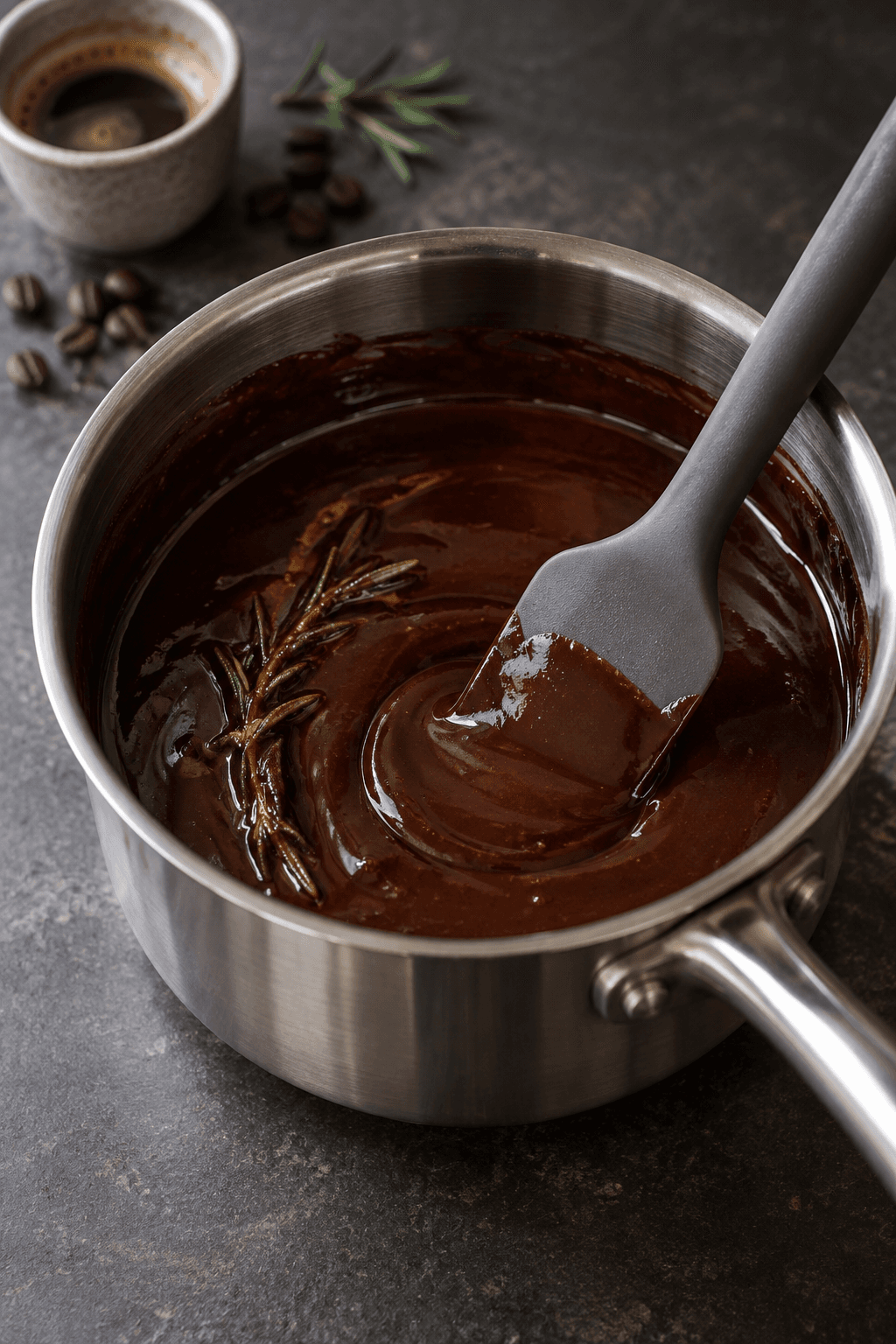 Blank mørk rosmarin-espressochokoladesauce røres i én stålgryde