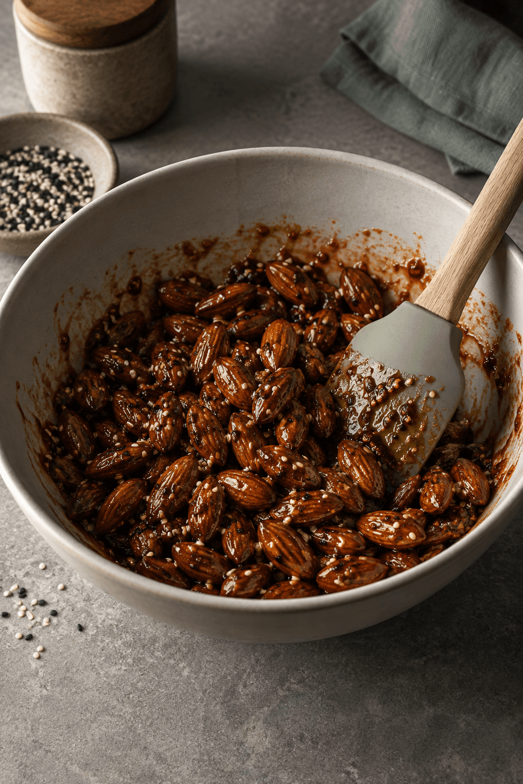 Hele mandler vendes med chili-sojaglasering og to slags sesam i én skål