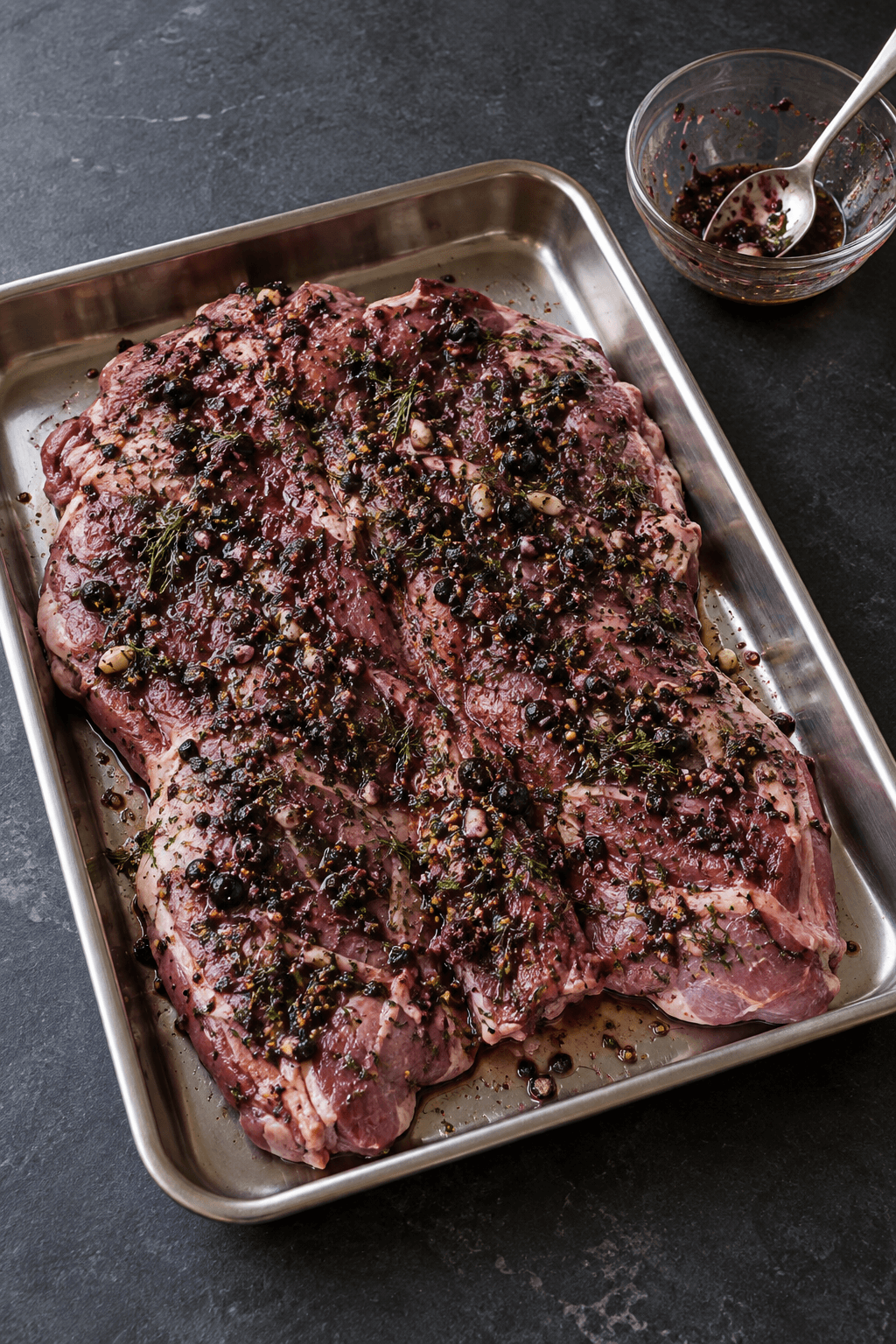 Udbenet rå lammekølle åbnet fladt i solbær-enebærmarinade på en metalbakke