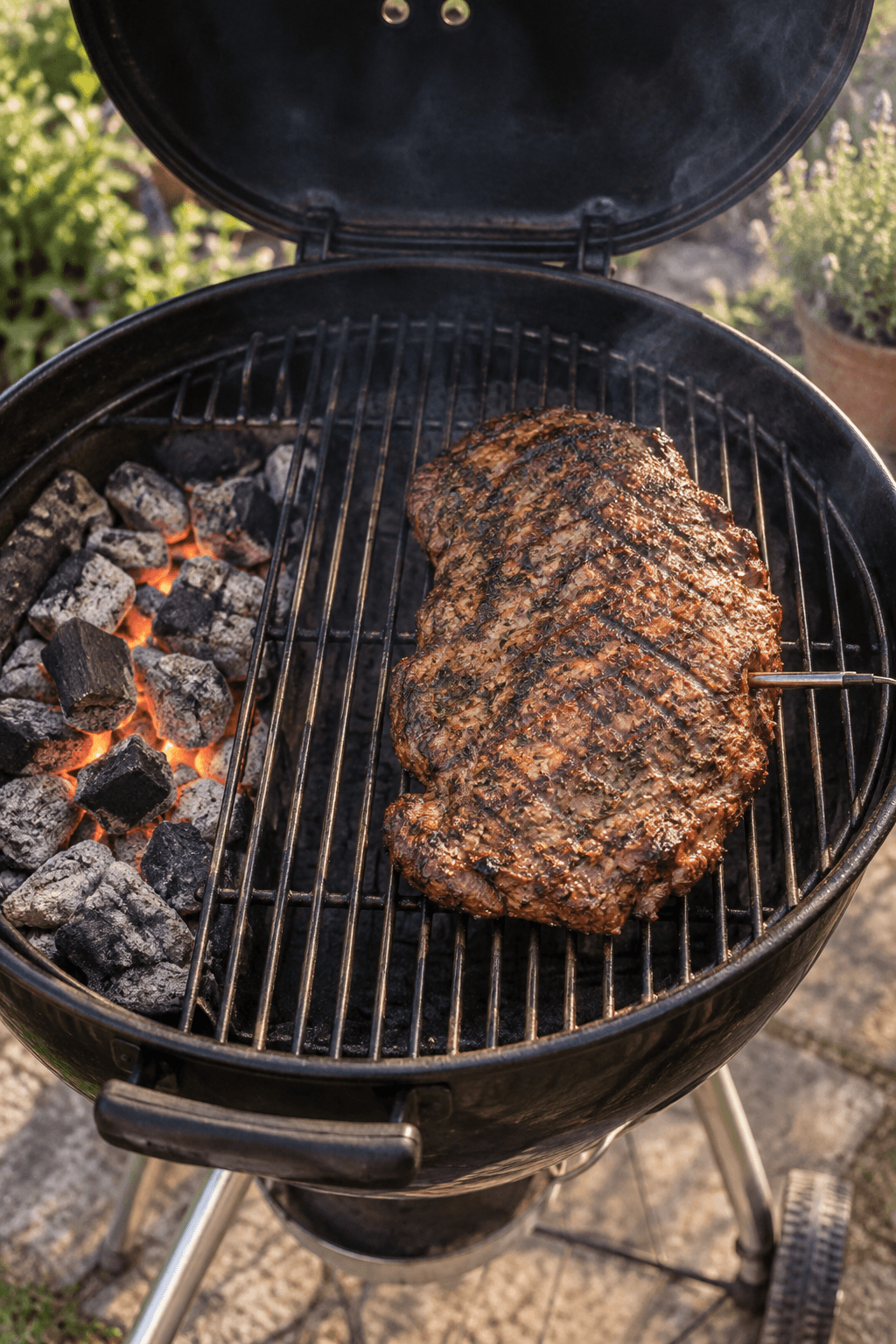 Udbenet lammekølle med grillmærker tilberedes ved indirekte varme med stegetermometer