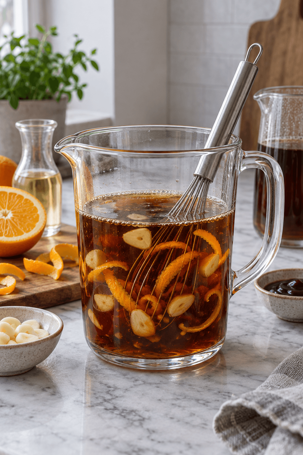Braiseringslage med sort te, appelsin, riseddike, hoisin og hvidløg piskes i en kande