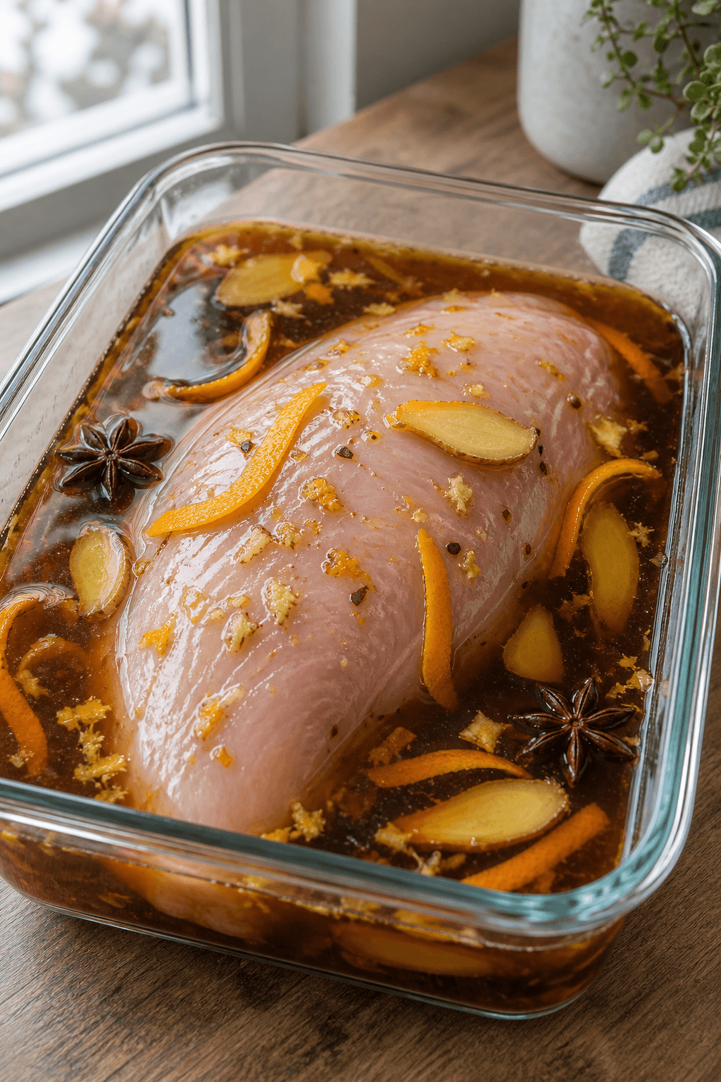 Ét råt kalkunbryst i sortte-, appelsin- og ingefærmarinade i én glasbeholder