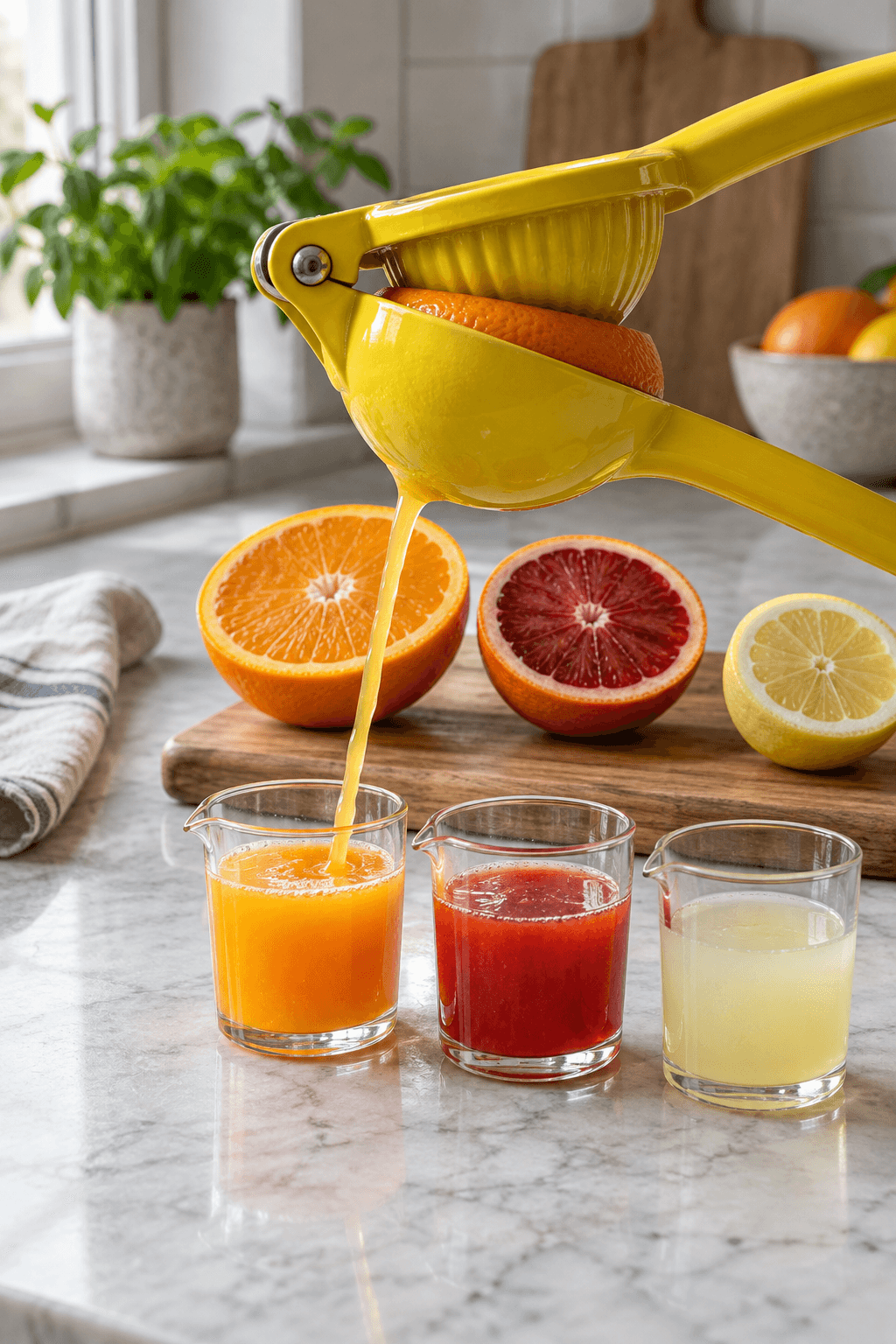 Appelsin, blodappelsin og citron presses og måles hver for sig
