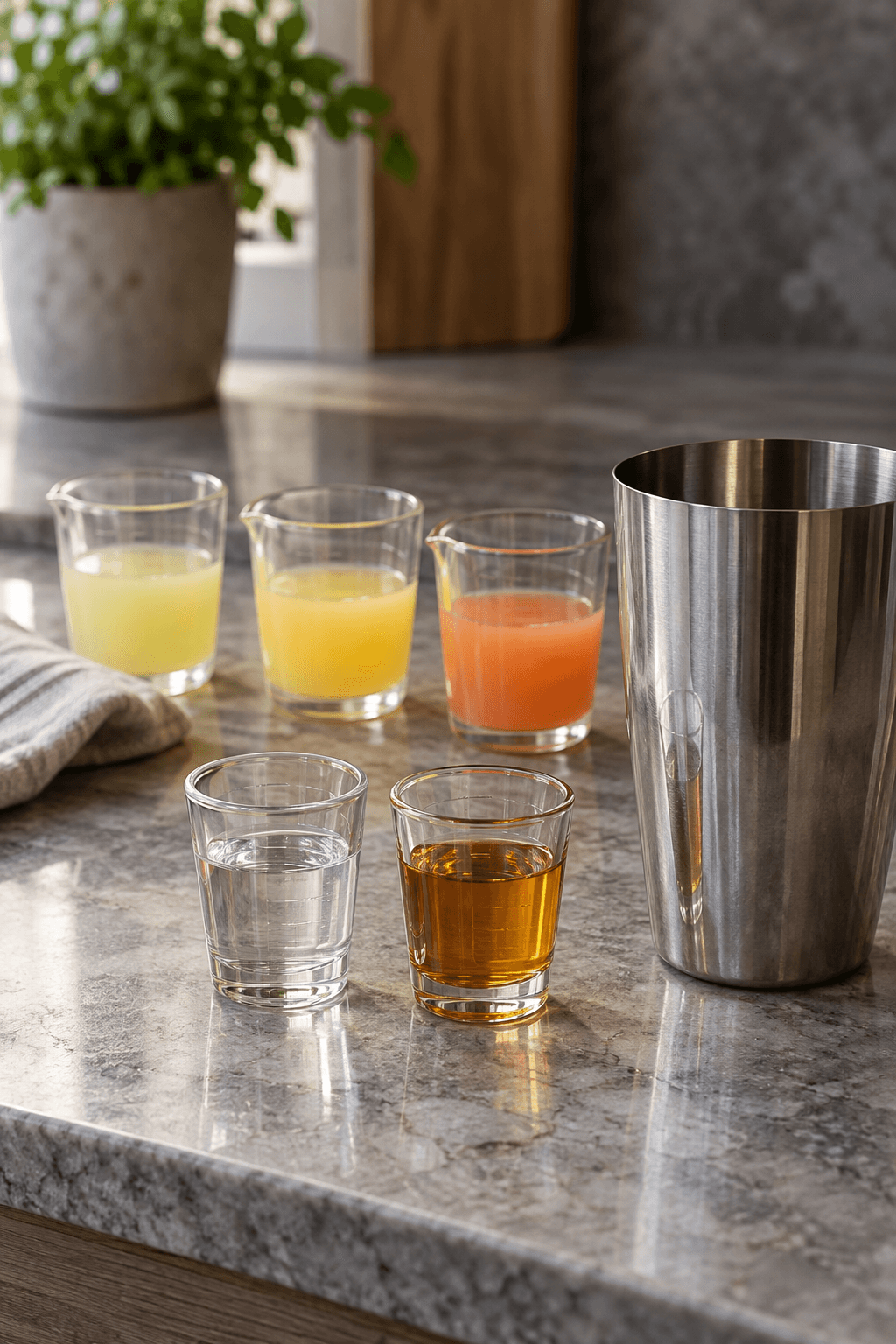 Vodka, ferskenkrydret whiskylikør og tre citrusjuicer står afmålt ved én shaker
