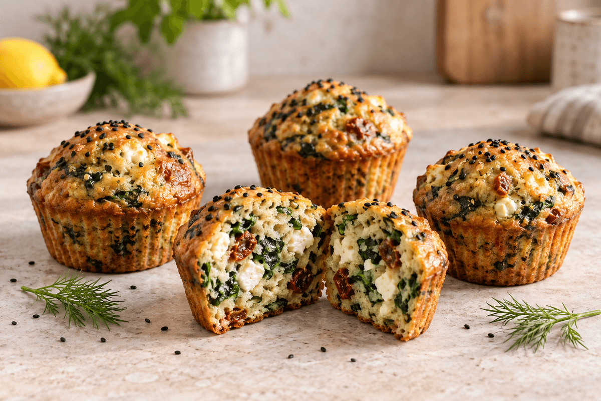 Spinat-fetamuffins med soltørret tomat, citron, dild og sesam