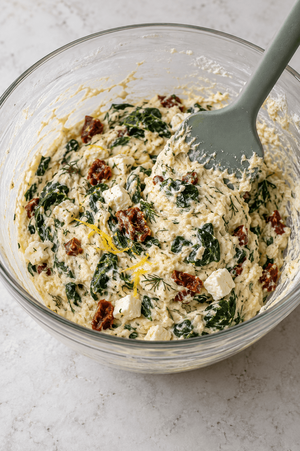 Spinat, feta, soltørret tomat, citron og dild foldes i tyk muffindej