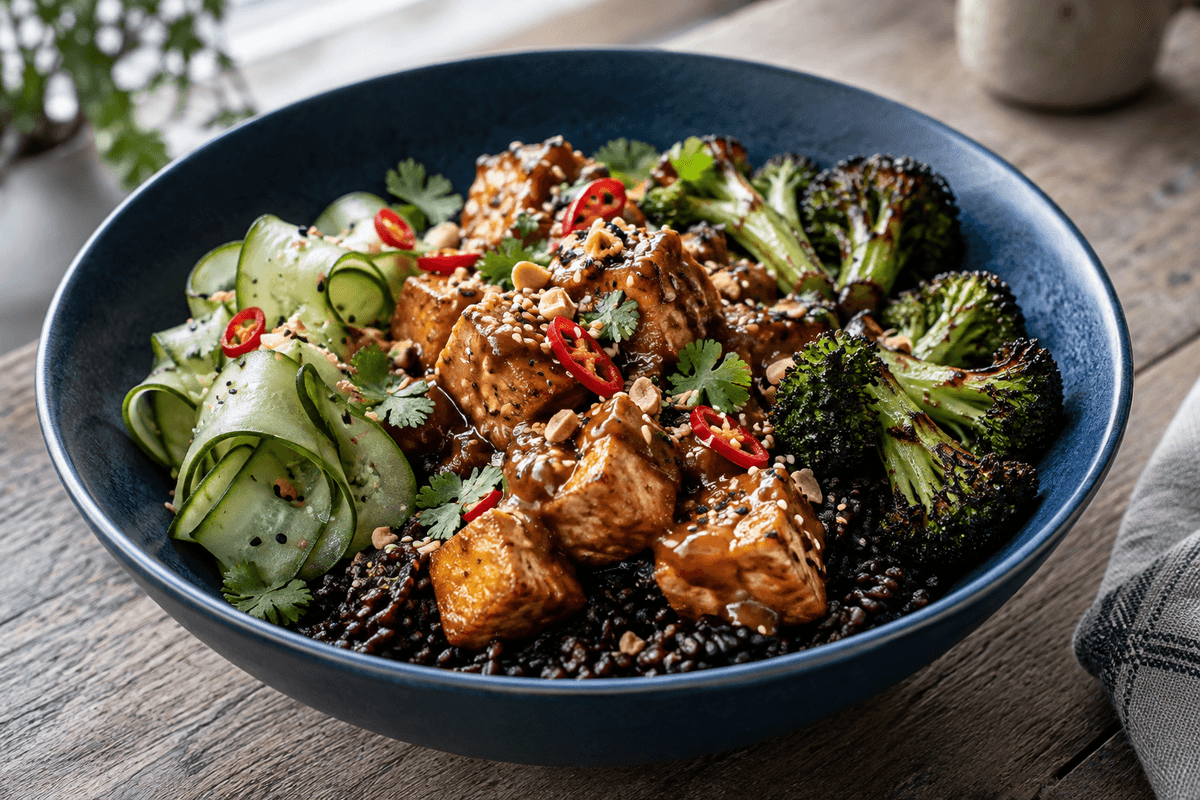 Sprød tofu med tamarind-jordnøddeglace, sorte ris, broccoli og syltet agurk