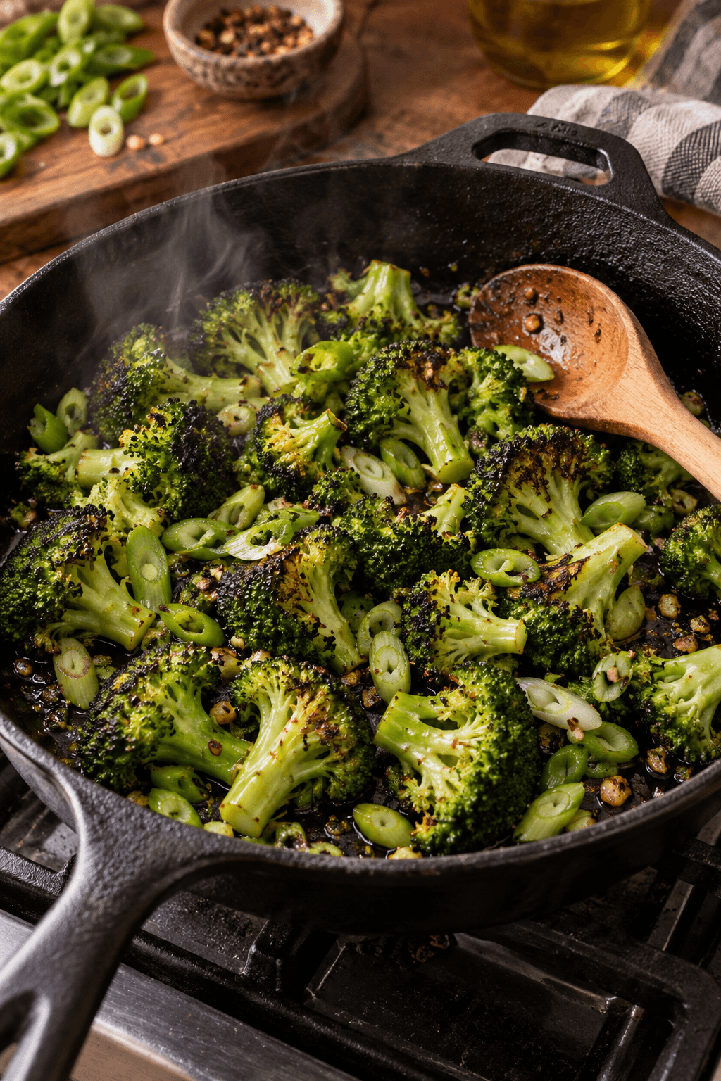 Broccolibuketter med mørke stegeflader og forårsløg i én tung pande