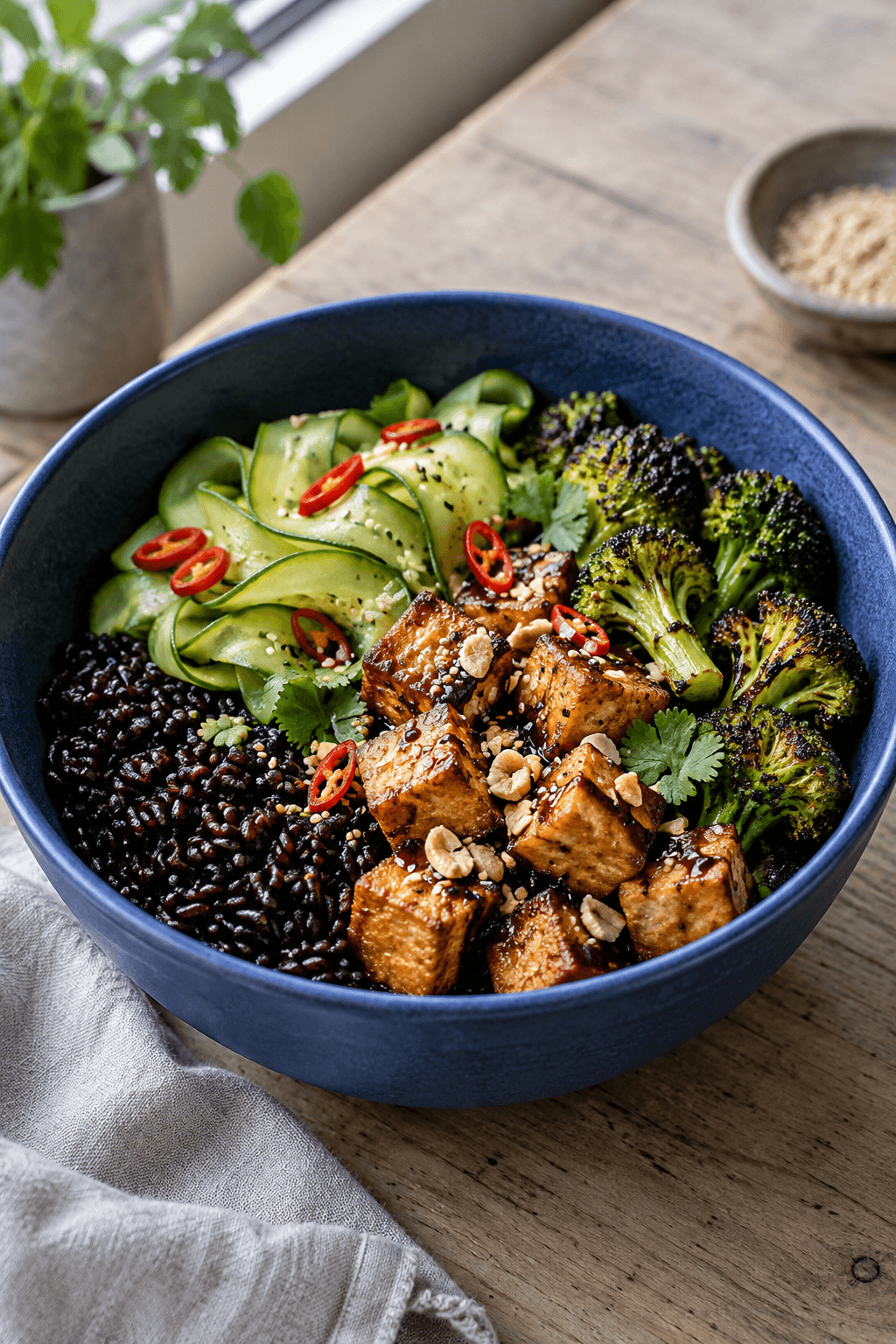 Én blå skål med sorte ris, tamarindtofu, broccoli, syltet agurk og chili
