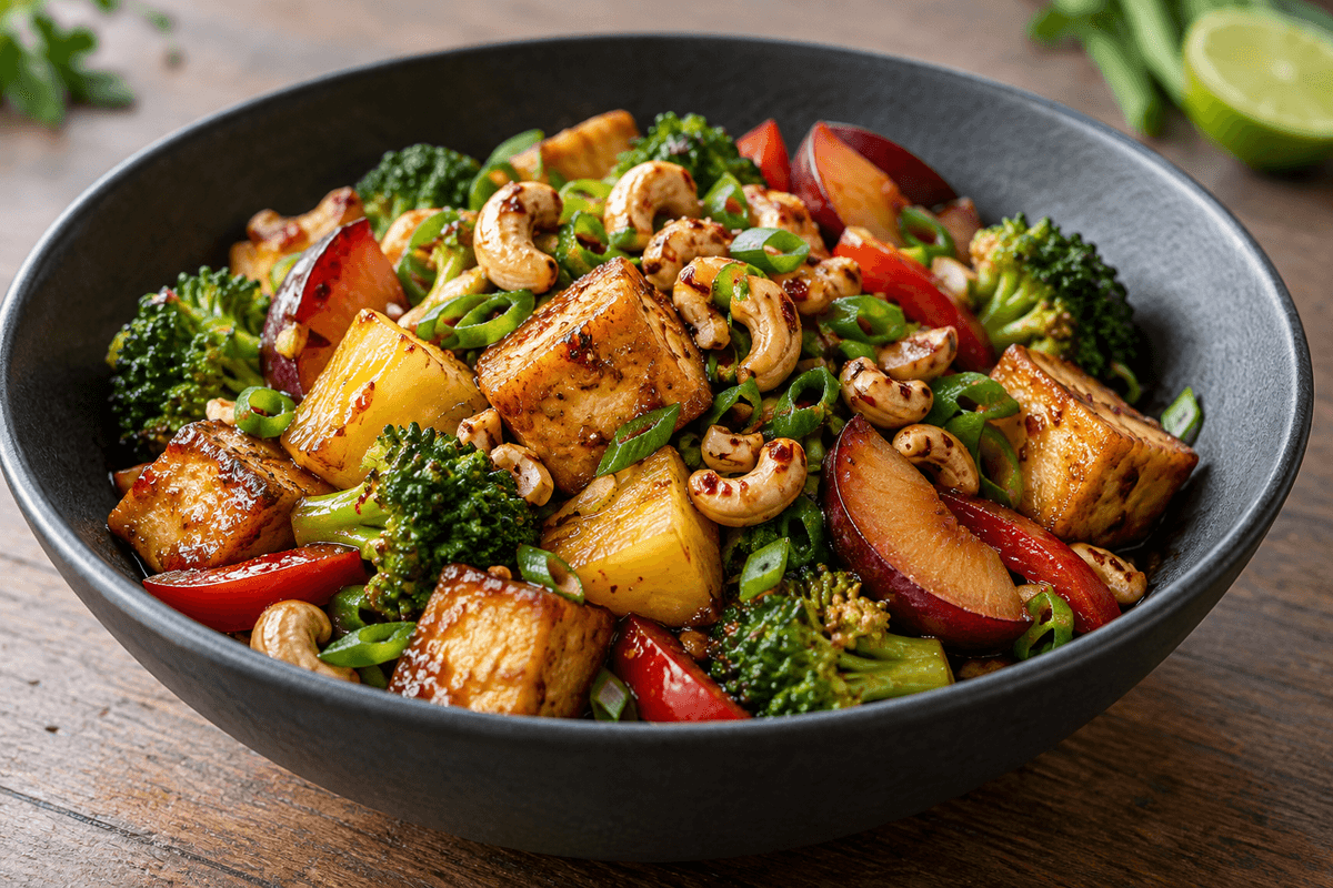 Sprød tofu-wok med ananas, blomme, broccoli og ingefær-lime