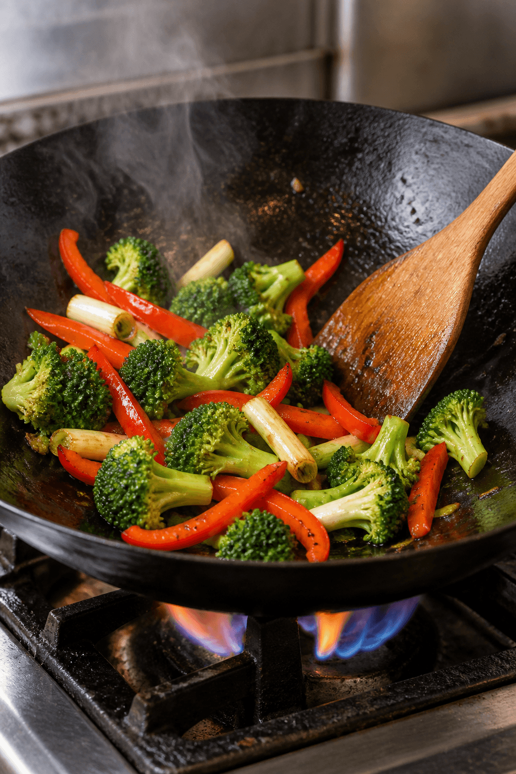 Broccoli, rød peberfrugt og forårsløg woksteges ved høj varme