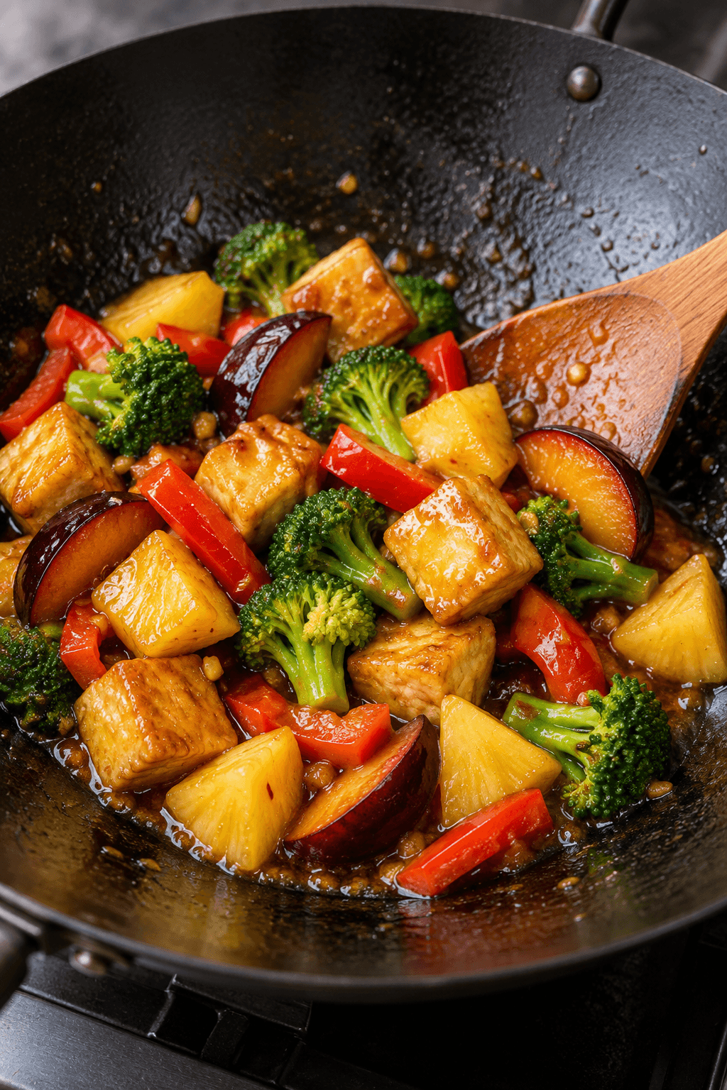 Tofu, ananas, blomme, broccoli og peberfrugt vendes i blank sauce i én wok