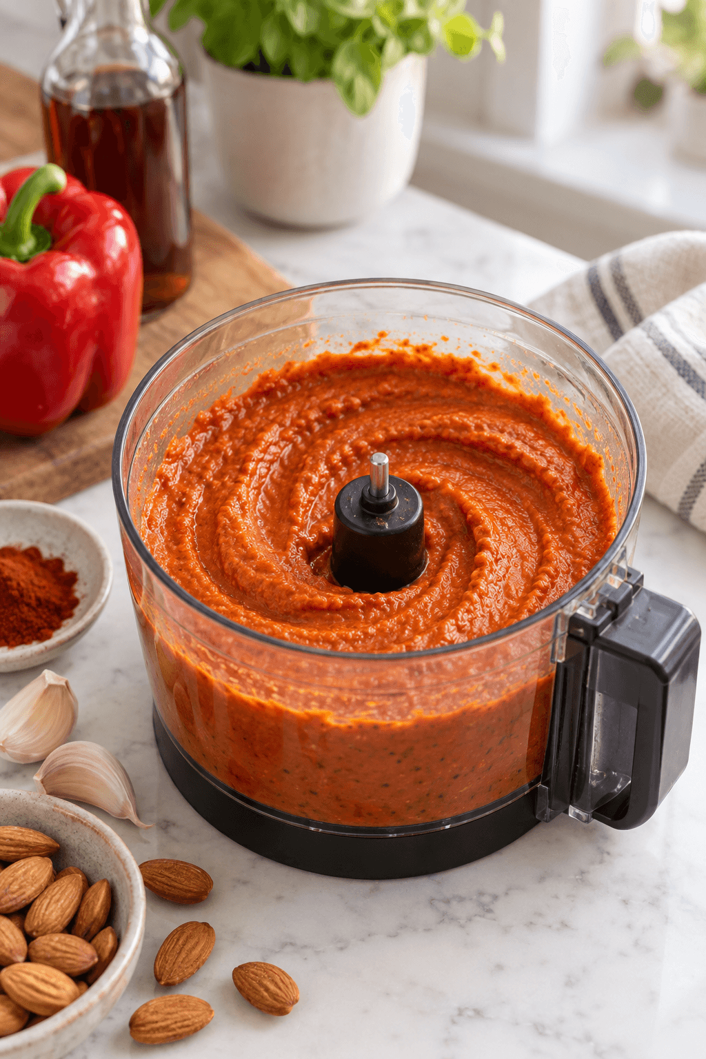 Murstensrød peberfrugt-mandelcreme med tydelig spiral i én foodprocessor