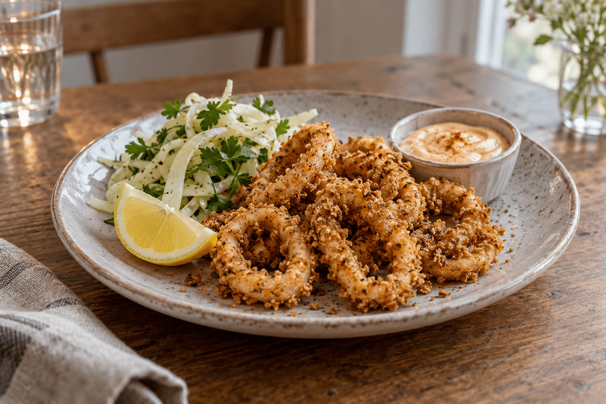 Sprøde blæksprutteringe med fennikelsalat, citron og røget paprika-aioli