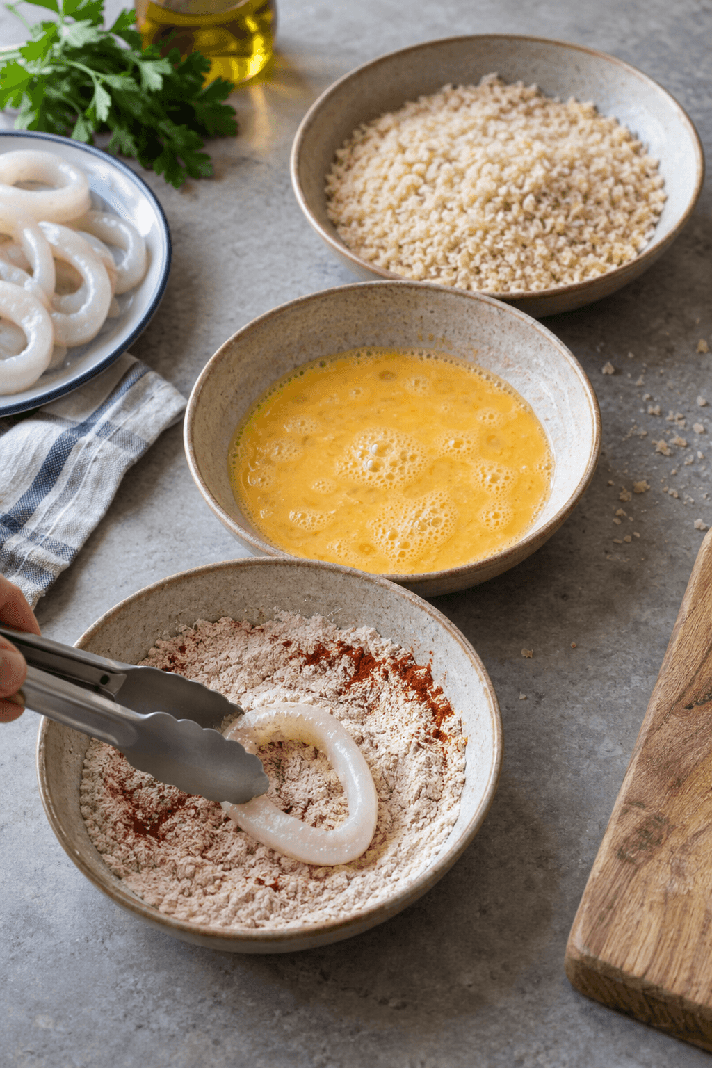 Rå blækspruttering paneres i rugmel med paprika, æg og panko
