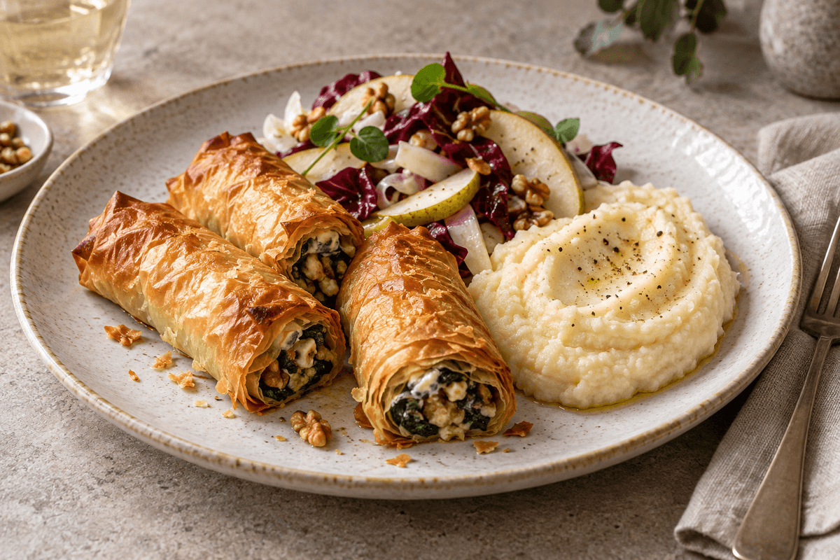 Sprøde filoruller med gorgonzola, rodfrugtmos og pæresalat