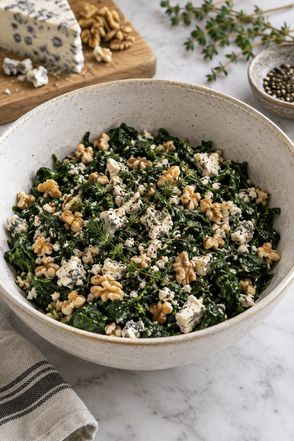 Tørt spinatfyld blandes med gorgonzola, valnødder og timian