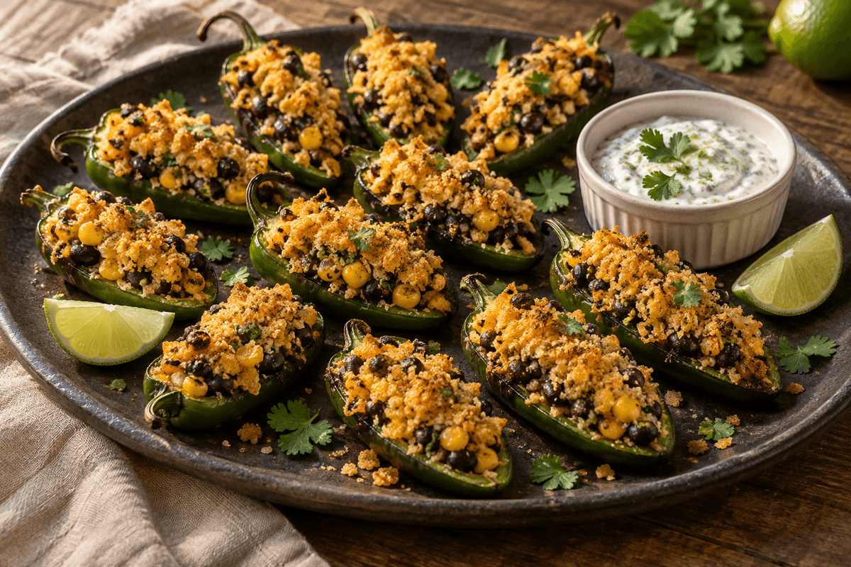 Sprøde jalapeñobåde med sorte bønner, majs, cornflakeskorpe og limecreme