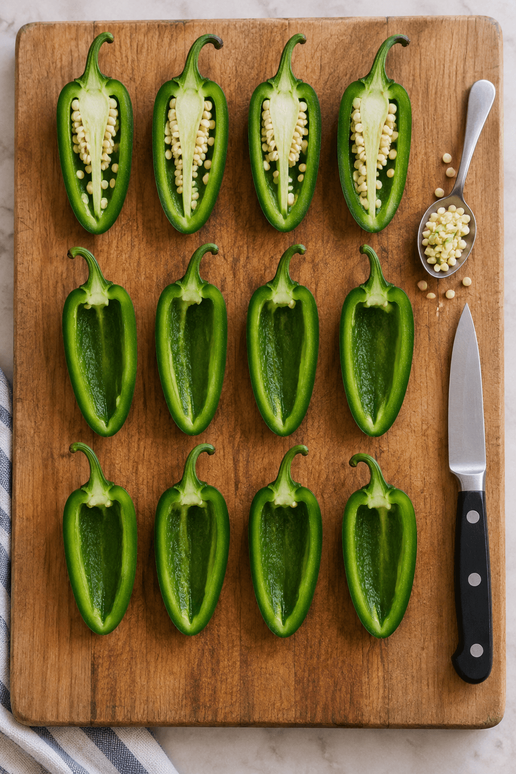 Tolv jalapeñohalvdele udhules for frø og ribber på ét skærebræt