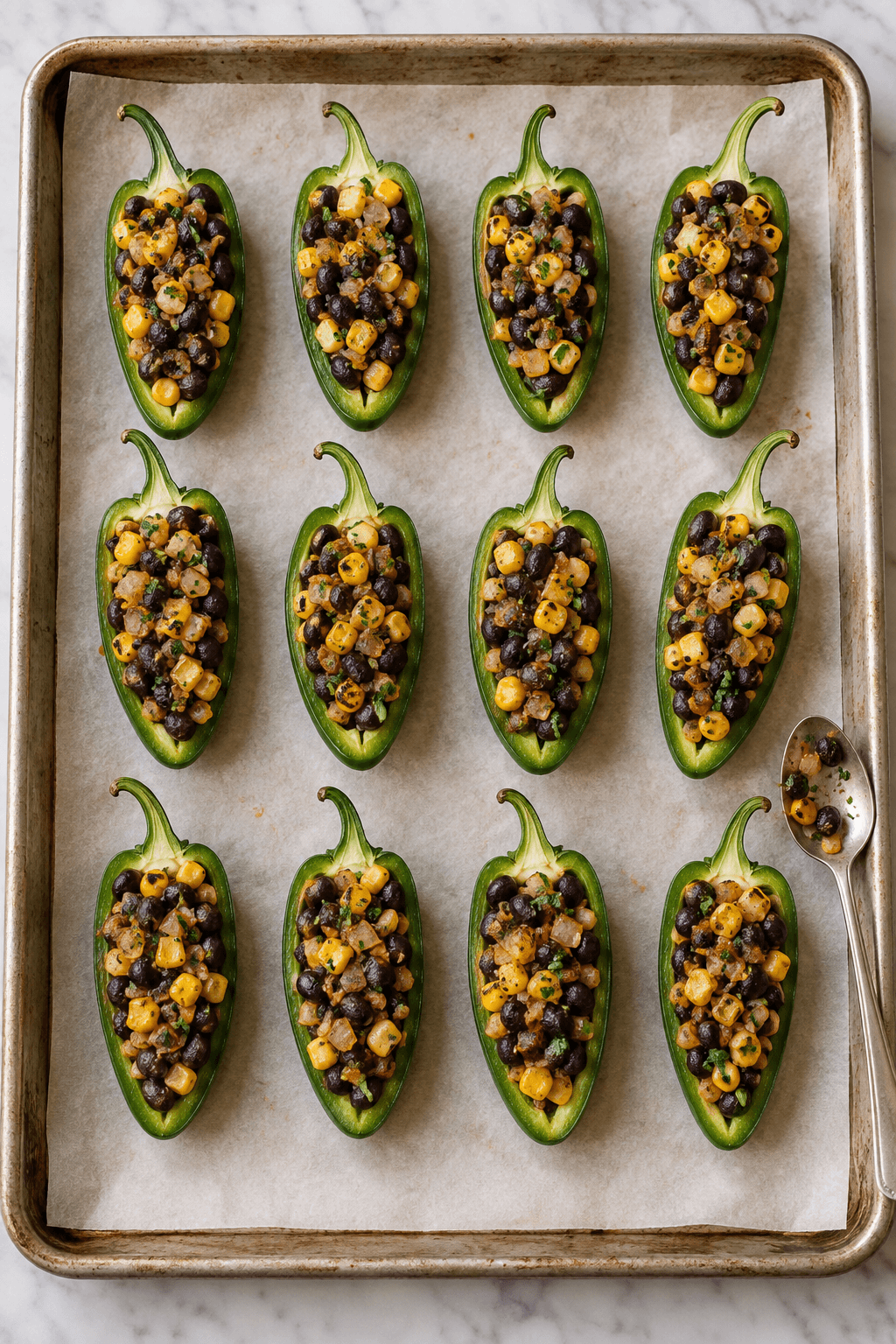 Tolv rå jalapeñobåde fyldt med sorte bønner og majs på én plade