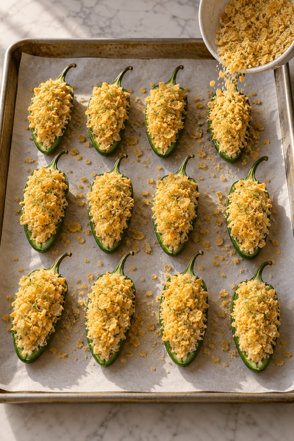 Tolv fyldte jalapeñobåde dækkes med lys majs-cornflakeskorpe før bagning