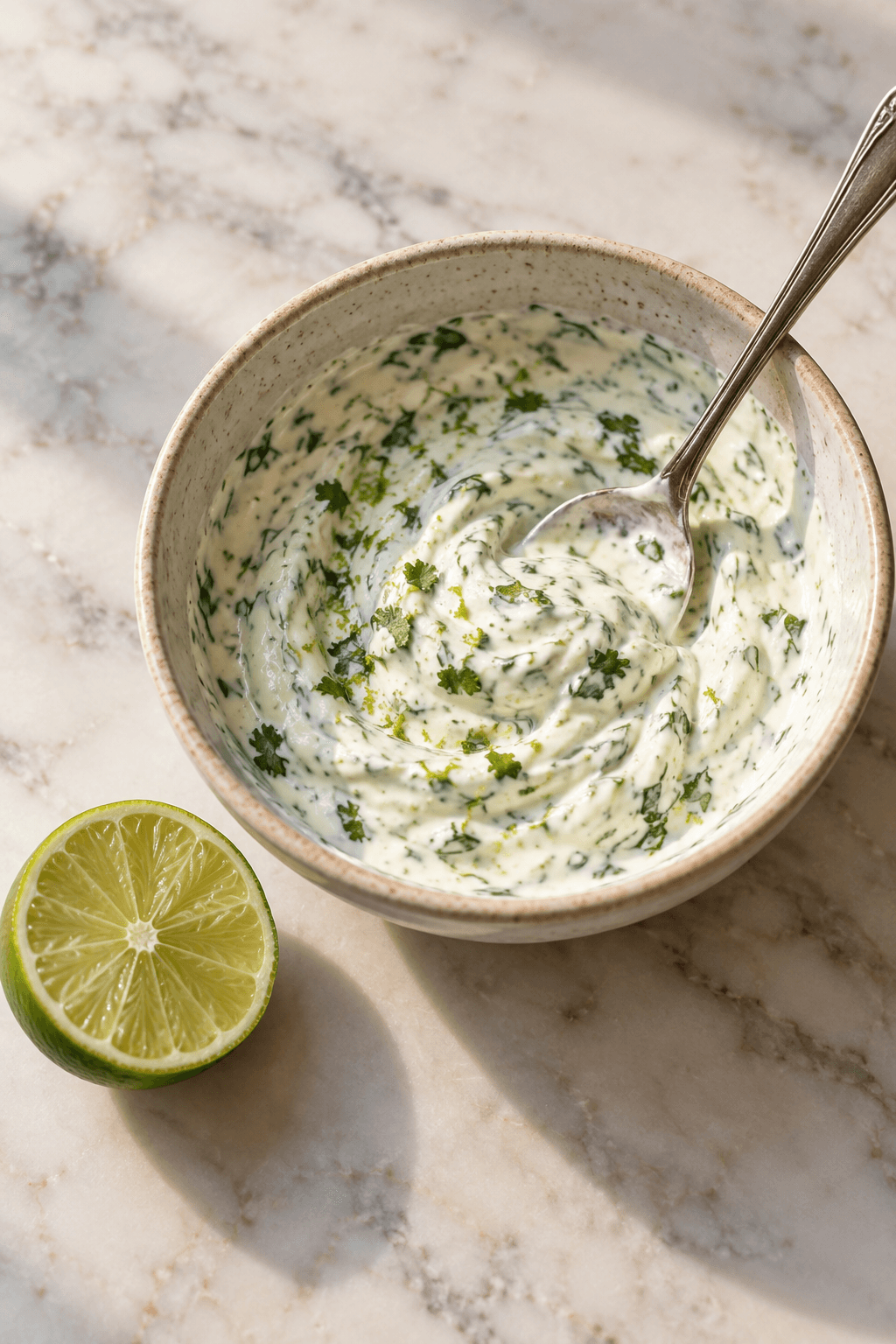 Tyk lime-korianderyoghurt røres i én lille skål