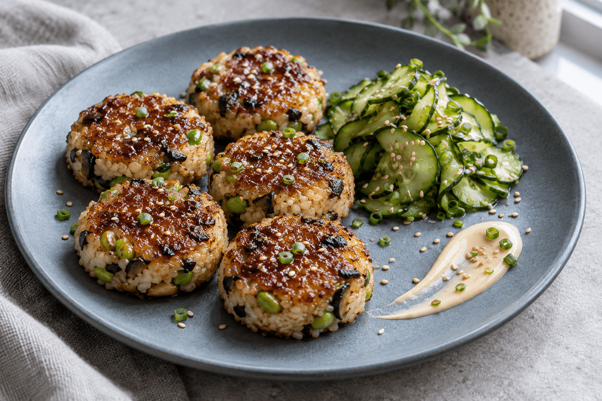 Fem japanske risfrikadeller med shiitake, edamame, misoglace og agurk-sesamsalat