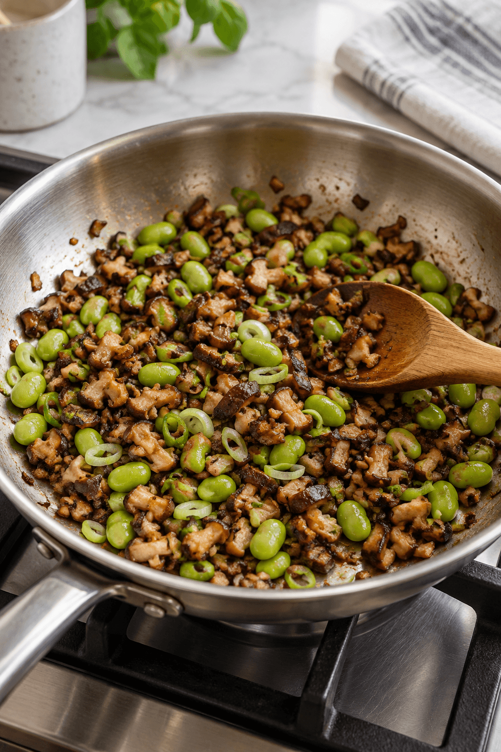 Finthakket shiitake steges gylden med edamame og forårsløg i én pande