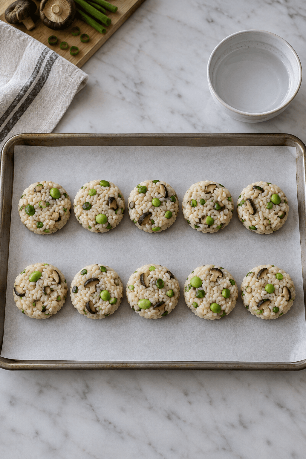 Ti ens rå risfrikadeller med shiitake og edamame ligger på én bageplade