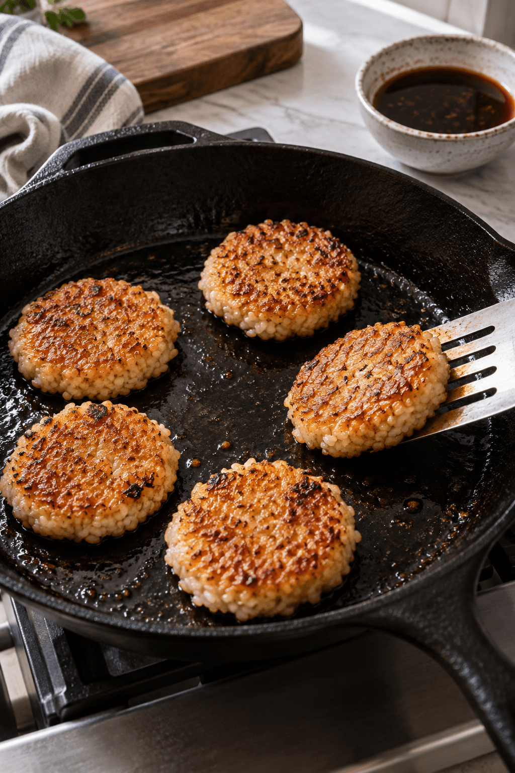Fem risfrikadeller steges dybt gyldne i én støbejernspande med misoglace ved siden af