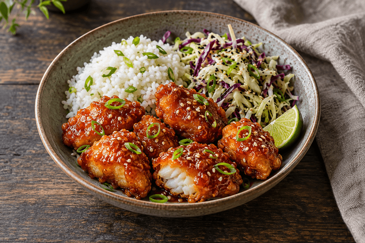 Sprøde lyssejbidder med gochujang-limeglaze, sesamkål og forårsløgsris