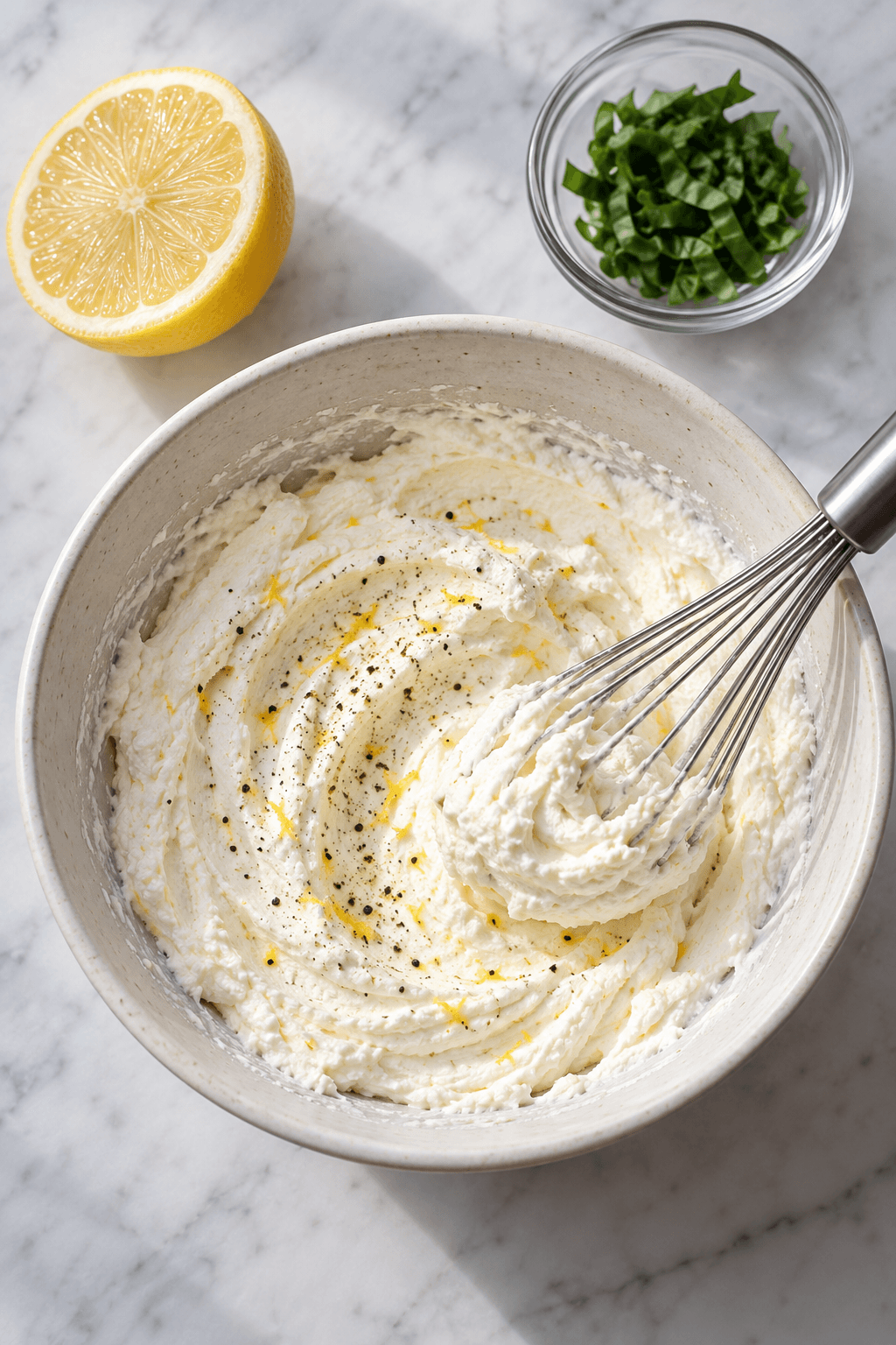 Luftig citronricotta med piskeris, citron og basilikum