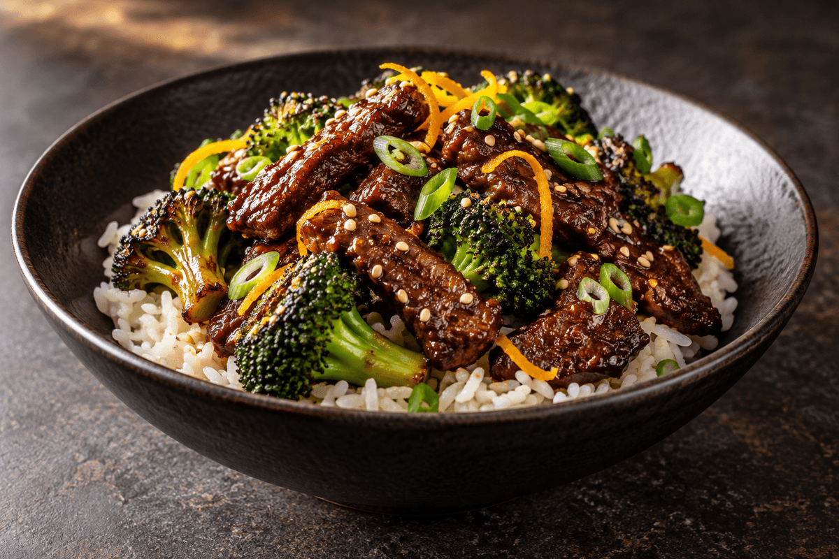 Sprøde oksestrimler med appelsin-Sichuan-glaze, broccoli og jasminris