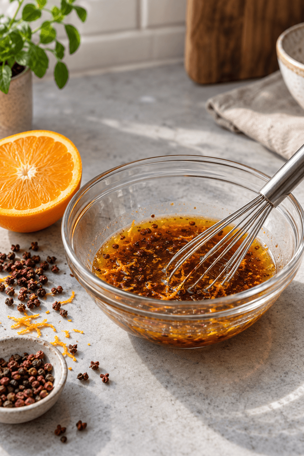 Appelsinsaft, soja, riseddike, honning og Sichuan-peber piskes i én skål