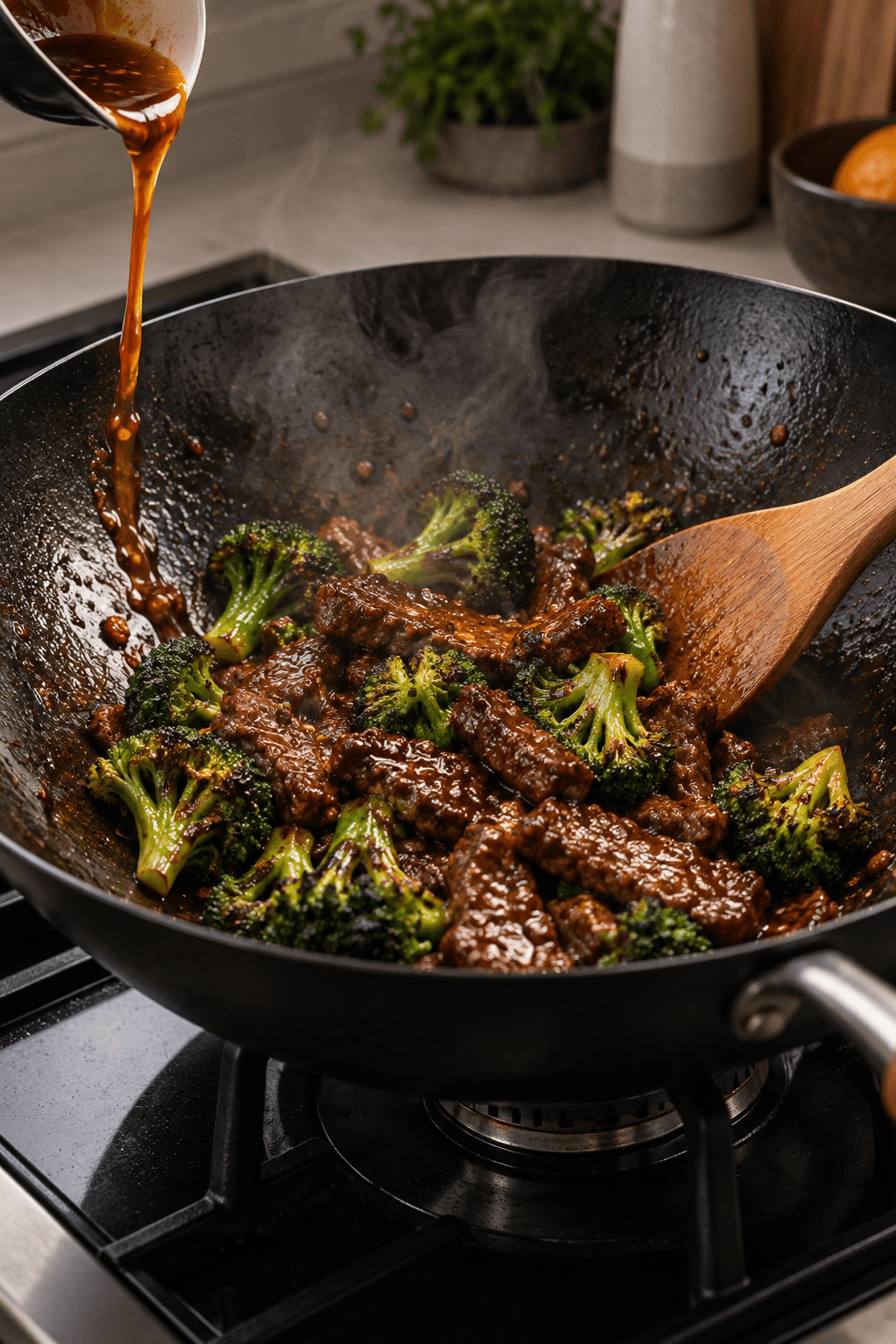Sprøde oksestrimler og mørkt stegt broccoli vendes kort i appelsin-Sichuan-glaze