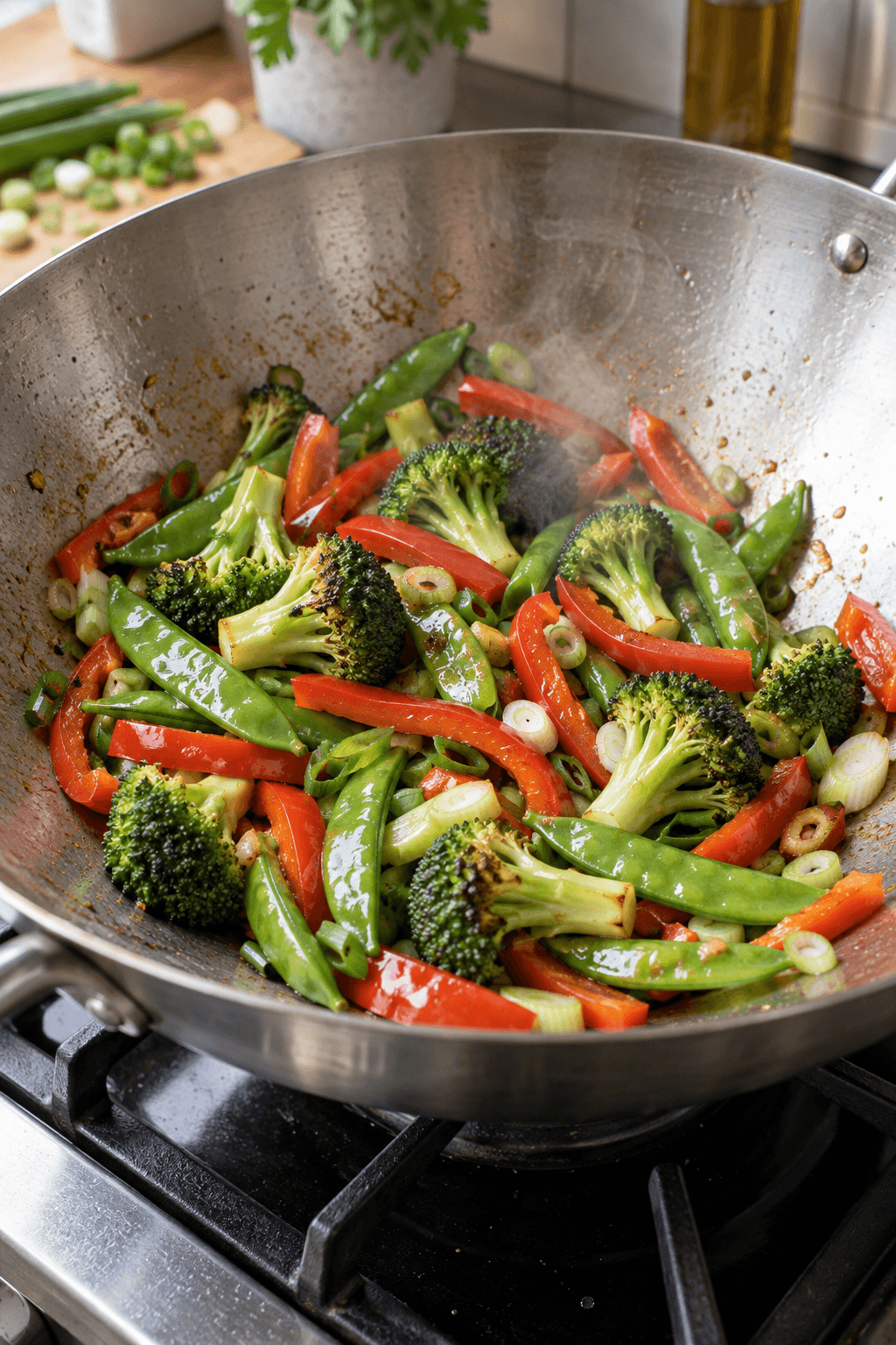 Broccoli, peberfrugt og sukkerærter lynsteges i en varm wok