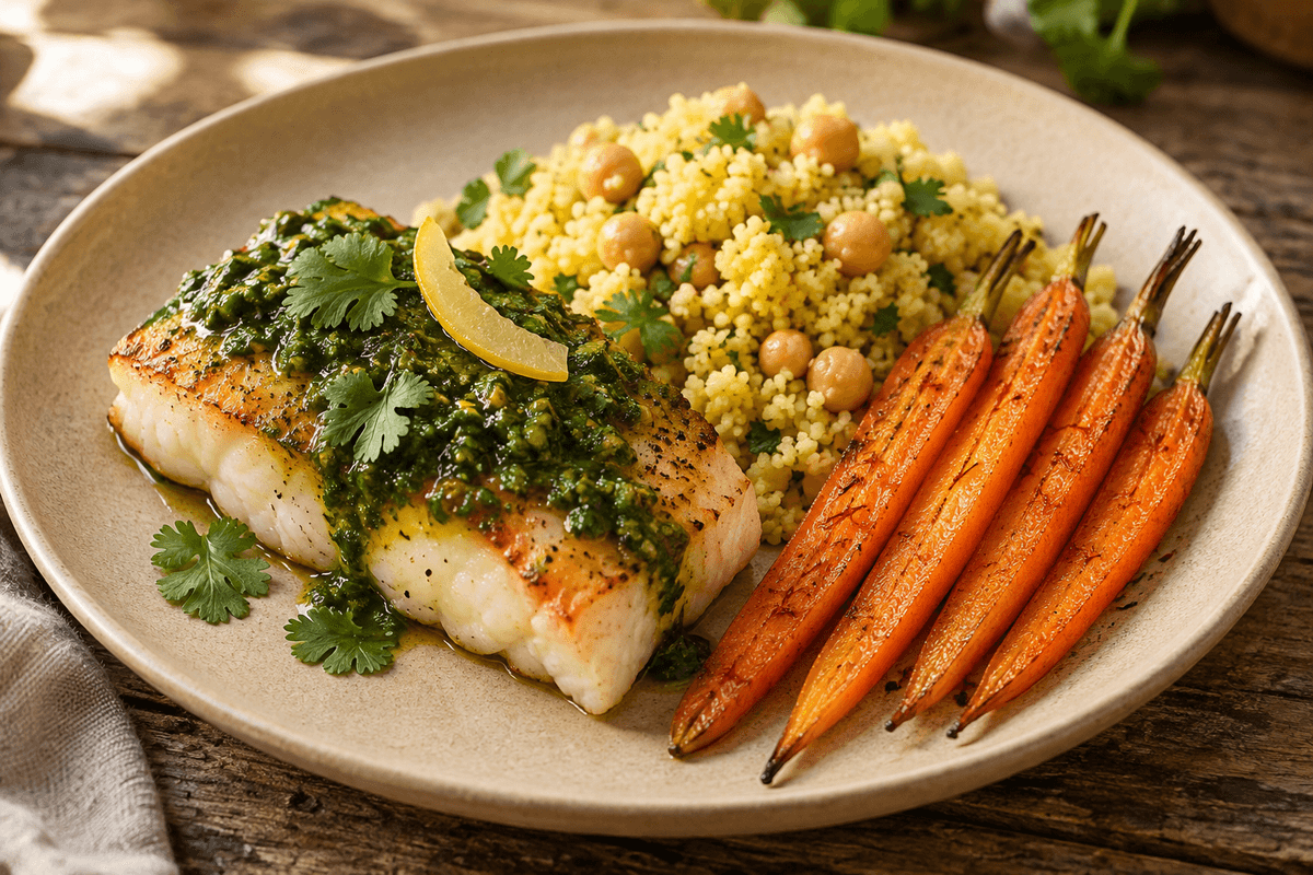 Stegt kulmule med chermoula, kikærte-couscous og fem safrangulerødder