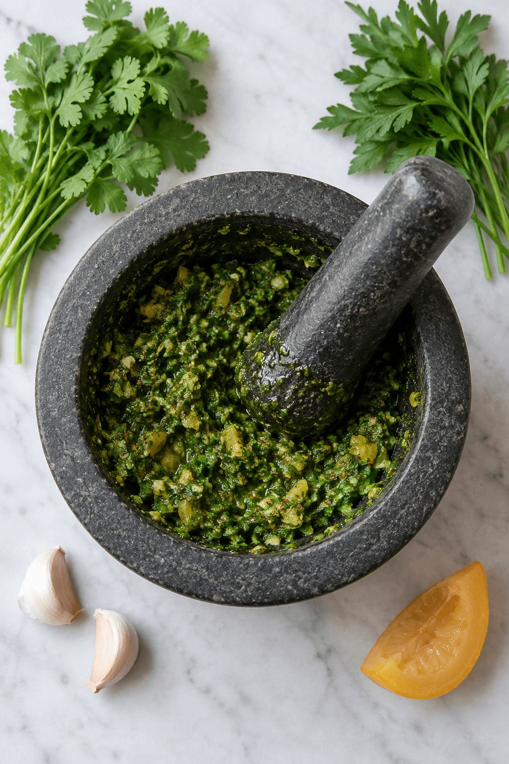 Grov grøn chermoula stødes med urter, hvidløg og syltet citron