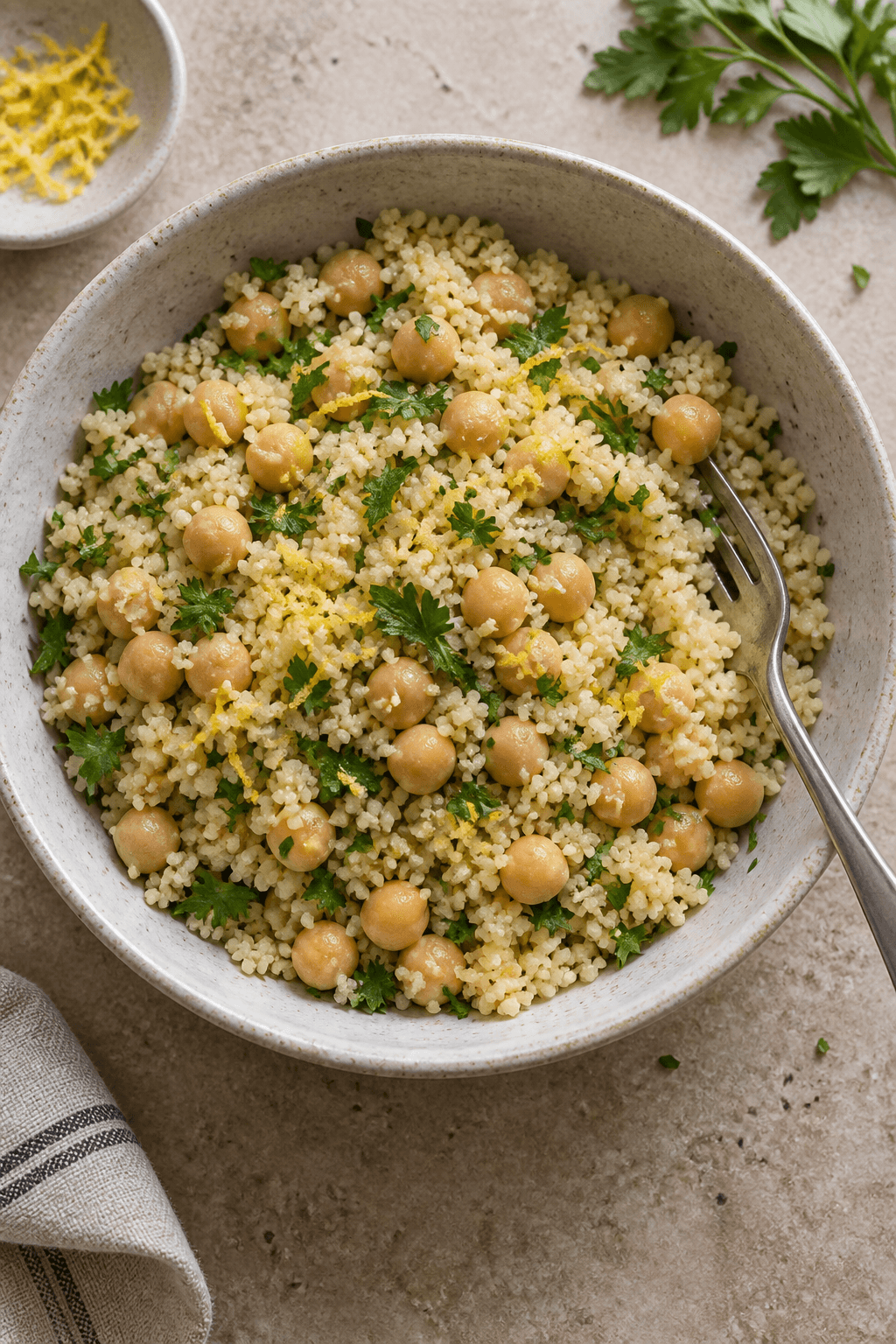 Luftig couscous med kikærter, citronskal og persille i én skål