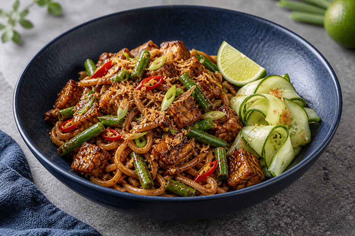 Stegte nudler med kecap manis, sprød tempeh, grønne bønner og syltet agurk