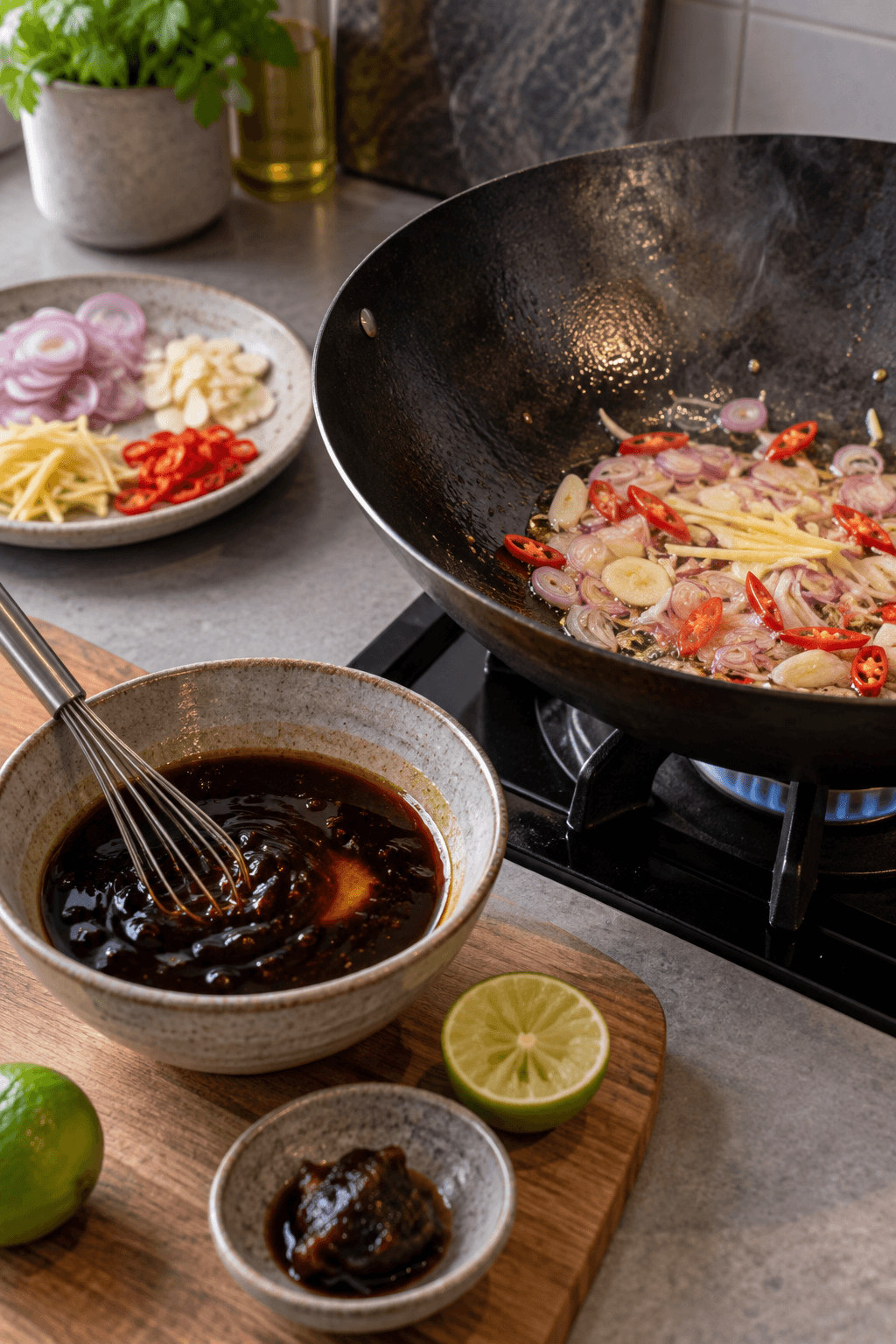 Mørk kecap manis-sauce piskes, mens skalotteløg, hvidløg, ingefær og chili ristes