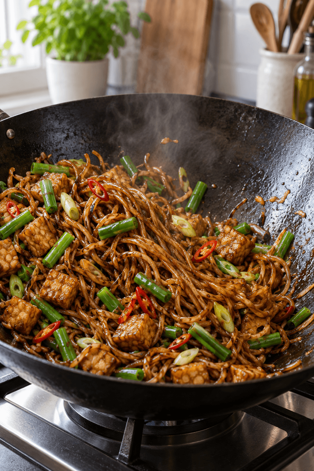 Mørke kecap manis-nudler woksteges med sprød tempeh og grønne bønner