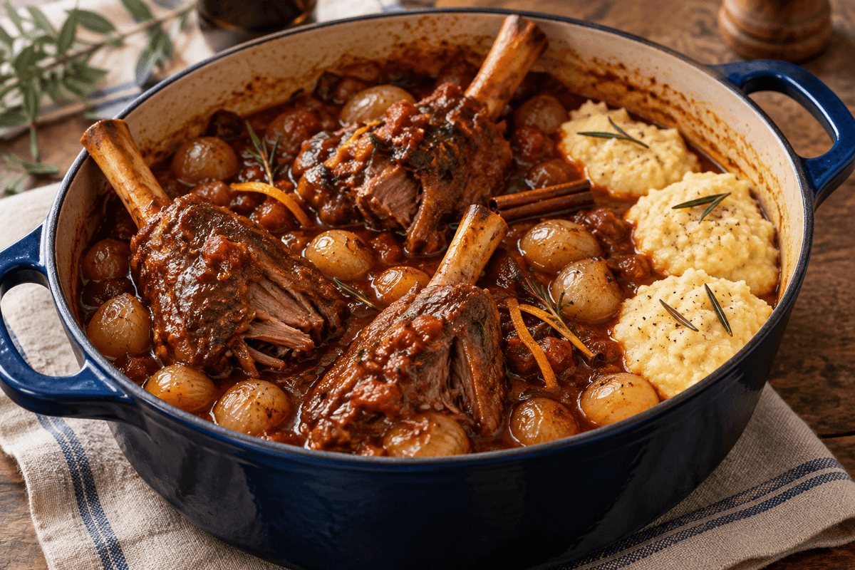 Stifado med fire lammeskanke, perleløg, tomat-rødvinssauce, appelsin, rosmarin og polenta